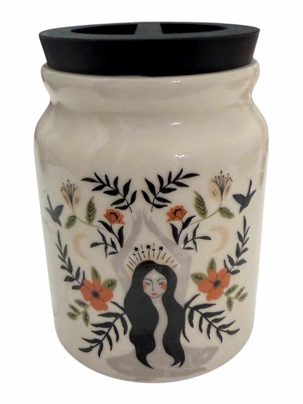 Cream Ceramic Bathroom Organizer with Black Top and Floral Goddess Design